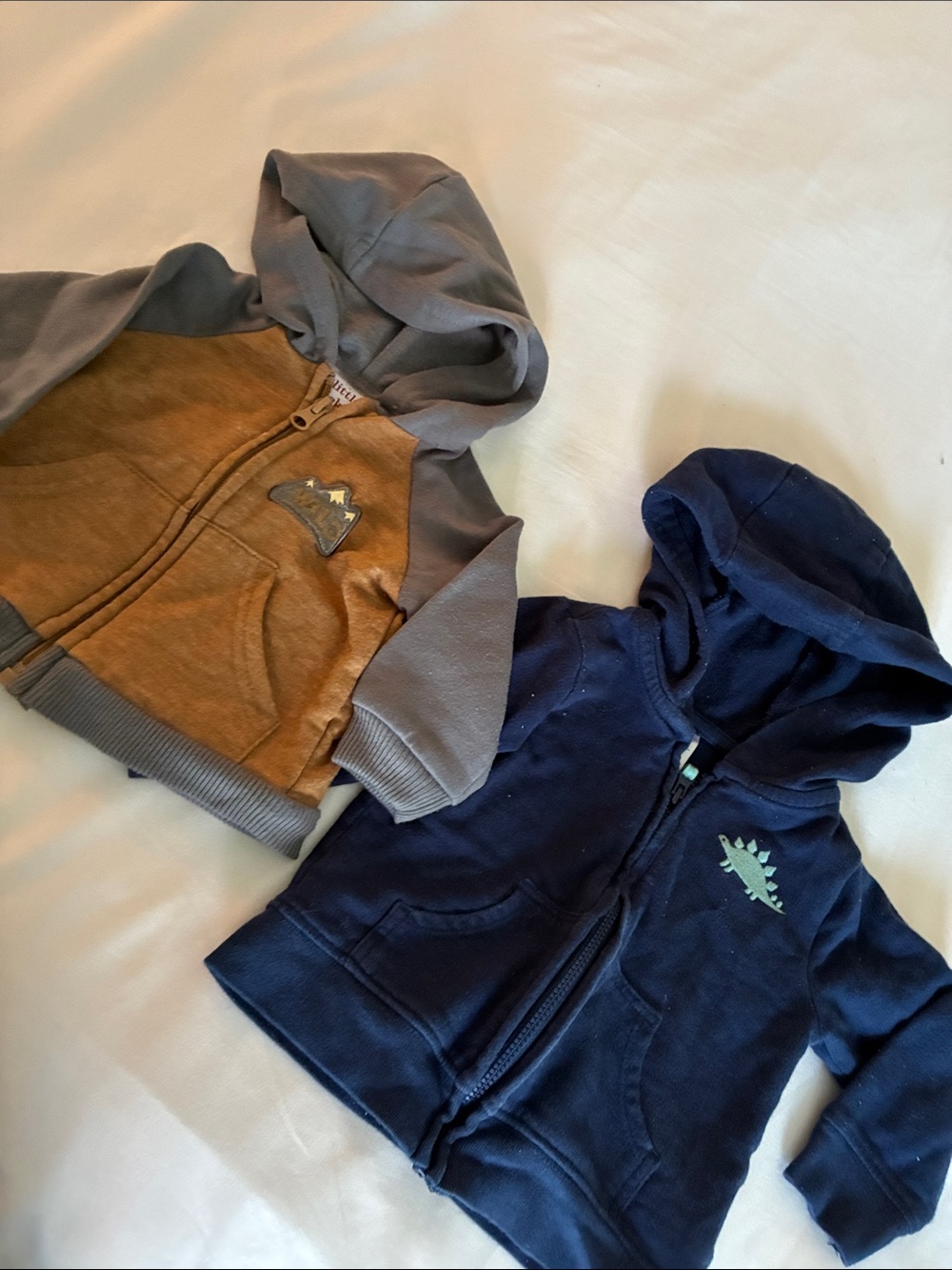 Toddler Navy and Brown Hooded Zip Sweatshirts with Dino & Mountain Patches